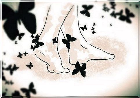 Feet walking with fluttering butterflies