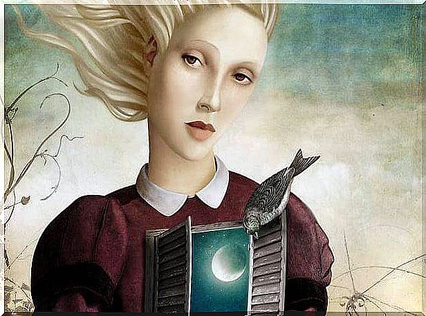 Woman with window in the chest where the moon is seen