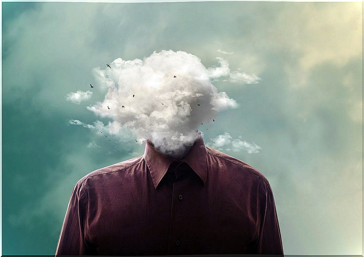 cloud-headed man representing that 5% of our daily thoughts are garbage