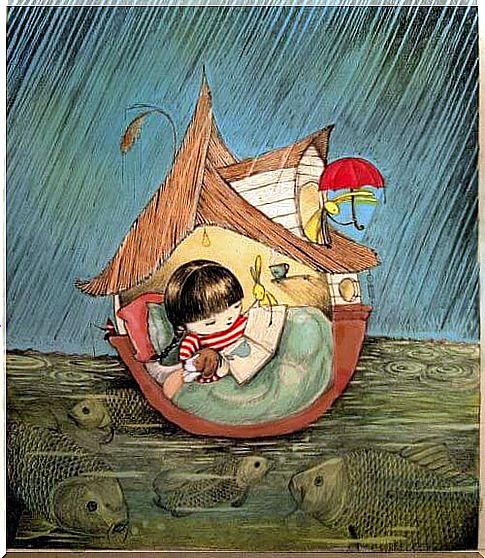 girl reading sheltered in the rain