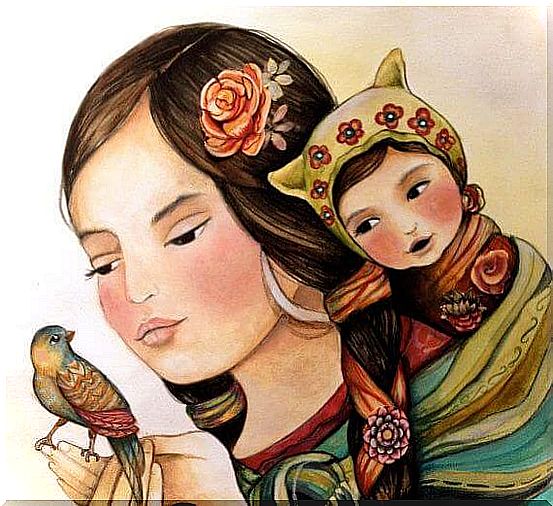 mother with her child and bird in her hands