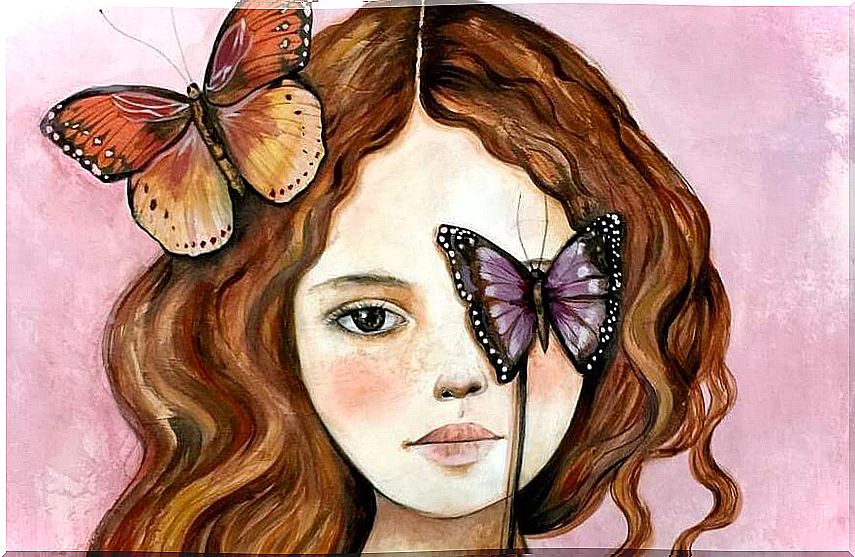 girl with butterflies on her face